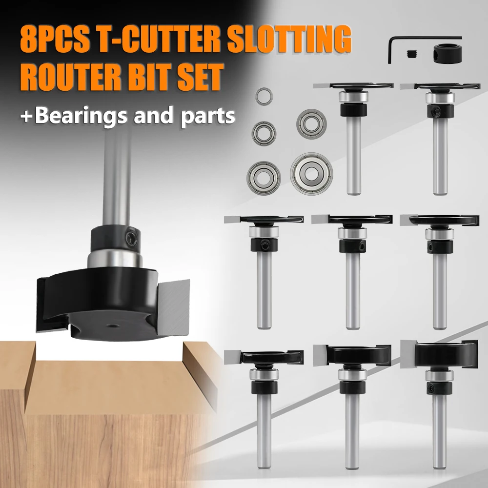 XHYKern 8PCS T Type Router Bit with Bearings Set Woodworking Grooving Trimming Kit
XHYKern 8PCS T Type Router Bit with Bearings Set Woodworking Grooving Trimming Kit