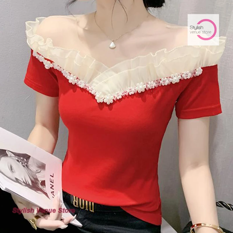 Summer original design sense I-neck short-sleeved T-shirt women's mesh stitching off-the-shoulder shirt high-grade casual shirt
Summer original design sense I-neck short-sleeved T-shirt women's mesh stitching off-the-shoulder shirt high-grade casual shirt