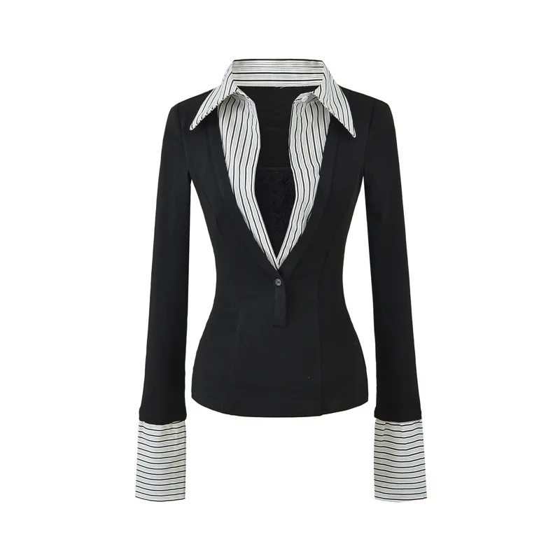 Korean Women's Autumn Long-sleeve T-shirt Turn Down Collar Striped Patchwork Design Slim Fit Elegant Casual Style Top Charm 7EZH
Korean Women's Autumn Long-sleeve T-shirt Turn Down Collar Striped Patchwork Design Slim Fit Elegant Casual Style Top Charm 7EZH