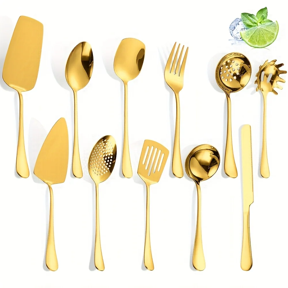 11pcs Set of Luxurious Golden Stainless Steel Tableware, Including Divided Service Spoons, Flat-Bottom Spatula, Frying Spatula, Slot Spoon, And Practical Forks, Ideal for Family Cooking And Restaurant Use
11pcs Set of Luxurious Golden Stainless Steel Tableware, Including Divided Service Spoons, Flat-Bottom Spatula, Frying Spatula, Slot Spoon, And Practical Forks, Ideal for Family Cooking And Restaurant Use