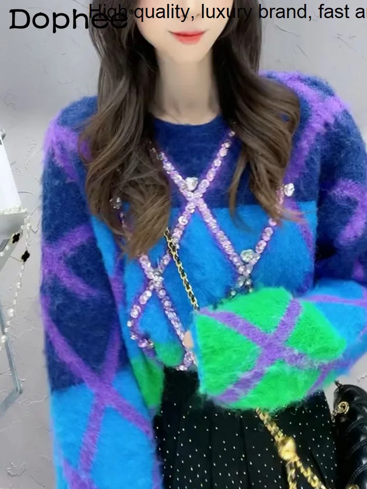 Diamond Color Matching Plaid Woolen Women 2023 New Autumn Winter Lazy Beaded Short Knitted Jumper Sweater Top
Diamond Color Matching Plaid Woolen Women 2023 New Autumn Winter Lazy Beaded Short Knitted Jumper Sweater Top