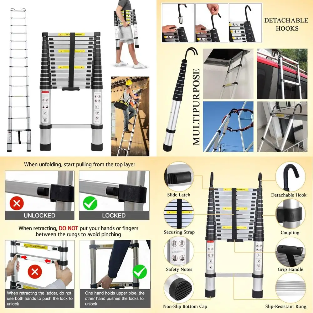 Алюминиевая телескопическая лестница складной удлинитель 14,5 футов для промышленного и домашнего использования с двойными крючками и компактной конструкцией
Алюминиевая телескопическая лестница складной удлинитель 14,5 футов для промышленного и домашнего использования с двойными крючками и компактной конструкцией