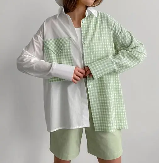 Casual Shirt Summer Commuting Style Contrasting Color Grid Lapel Shirt Women's Contrasting Color Splicing Long Sleeved Shirt
Casual Shirt Summer Commuting Style Contrasting Color Grid Lapel Shirt Women's Contrasting Color Splicing Long Sleeved Shirt