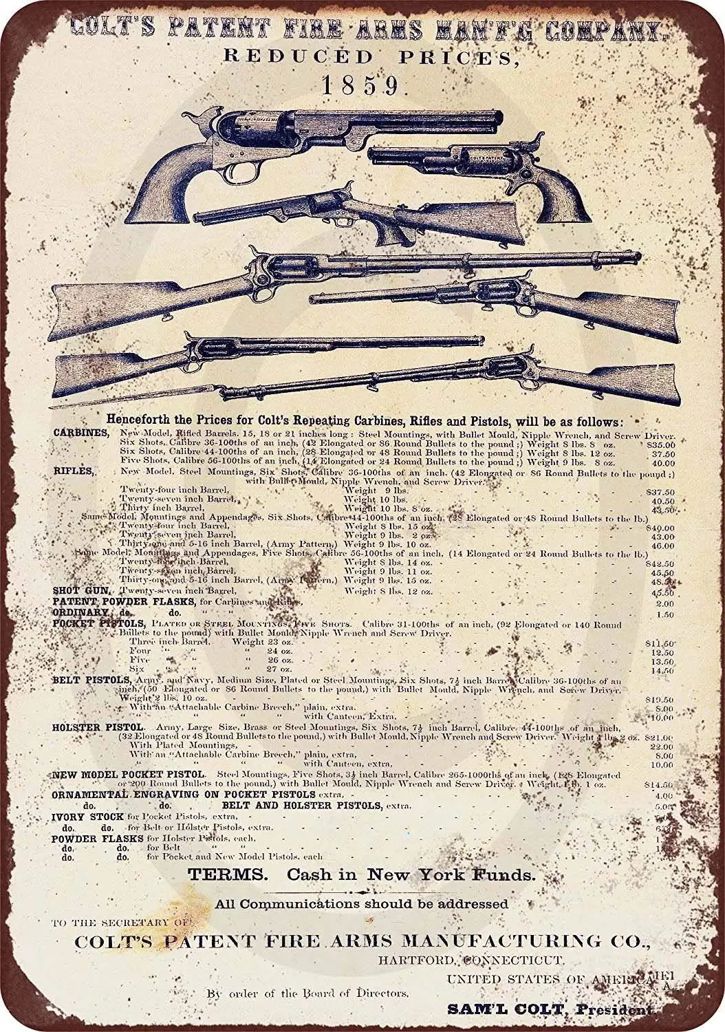 Жестяной знак 1859, винтажное оружие Colt, Репродукция, металлический знак 8x12
Жестяной знак 1859, винтажное оружие Colt, Репродукция, металлический знак 8x12