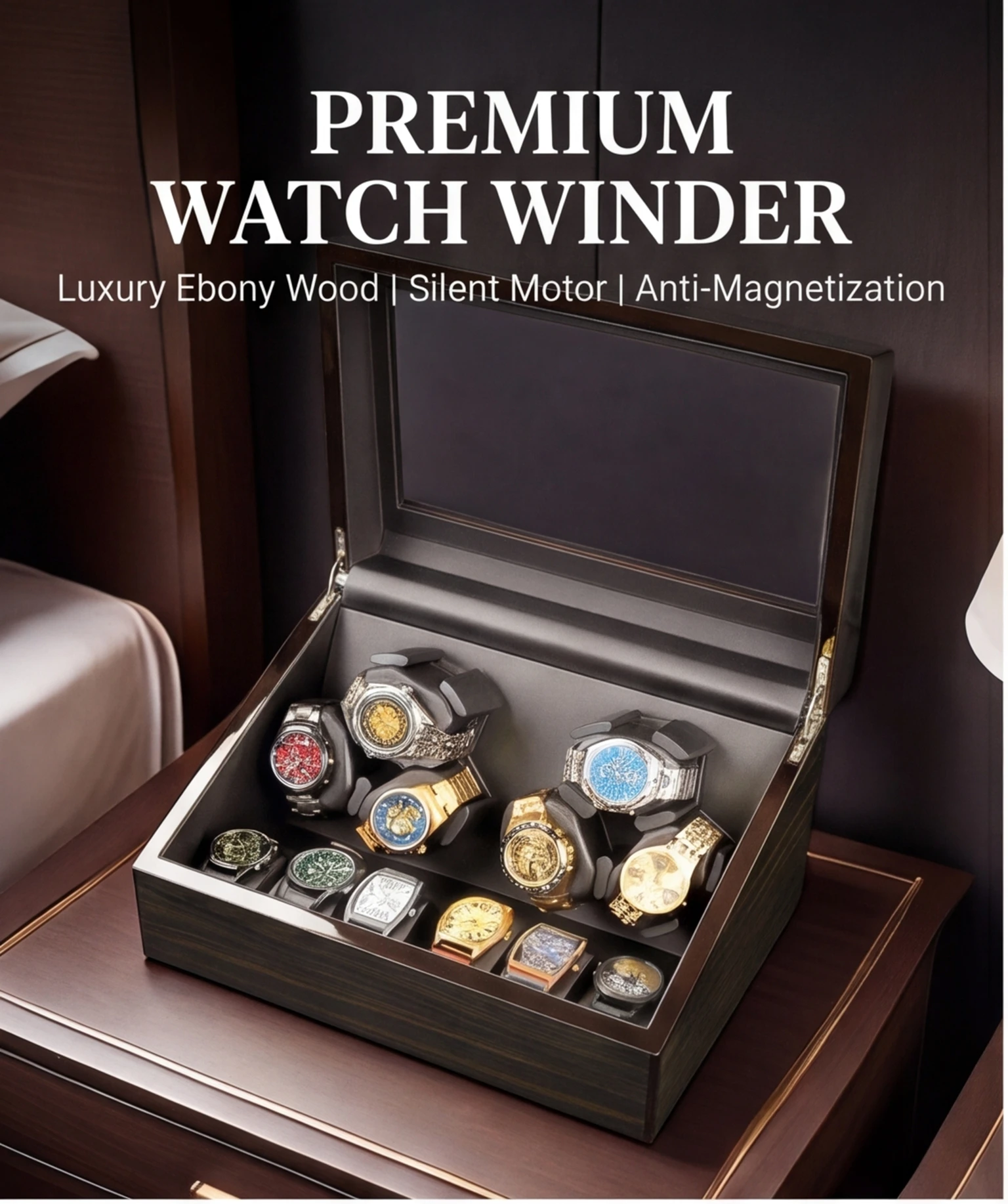 Automatic watch winder wooden texture style 6+6 slot blue LED light + cover opening emergency stop function automatic watch box
Automatic watch winder wooden texture style 6+6 slot blue LED light + cover opening emergency stop function automatic watch box