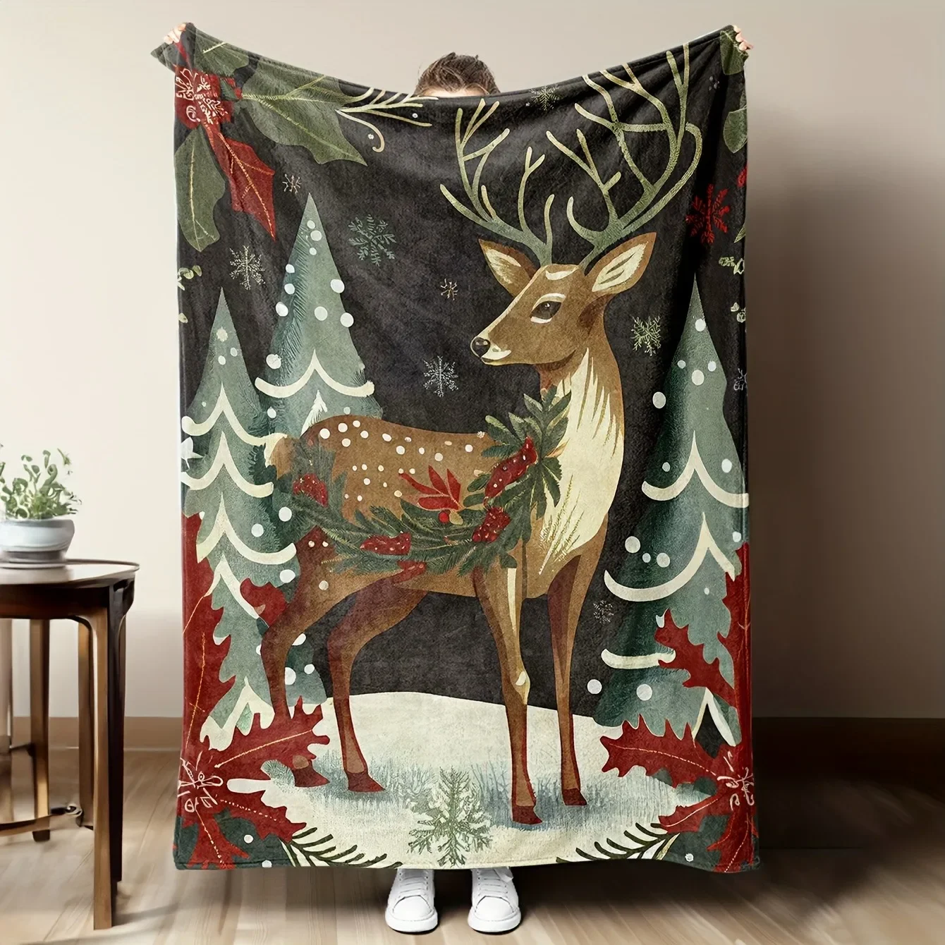 Deer in Winter Wonderland Cozy Christmas Throw Blanket with Holly Pine Trees for Holiday Home Decor and Gifting
Deer in Winter Wonderland Cozy Christmas Throw Blanket with Holly Pine Trees for Holiday Home Decor and Gifting