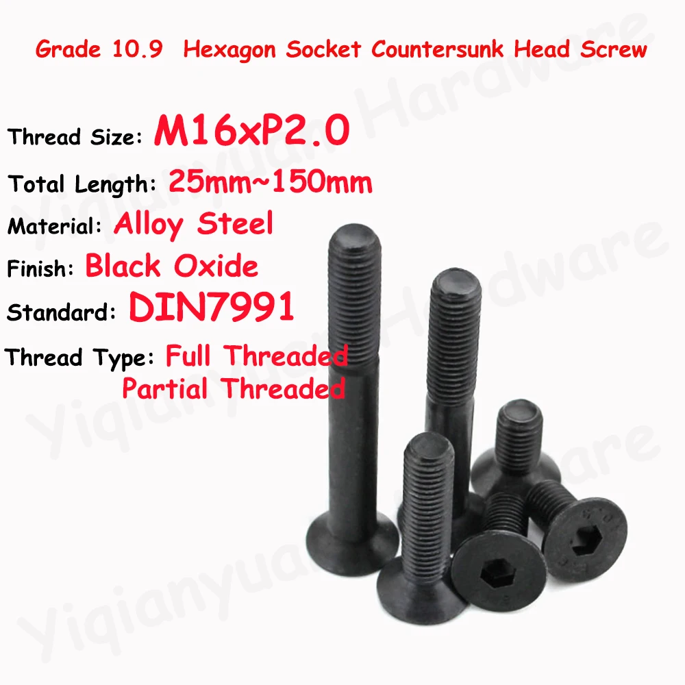 Yiqianyuan DIN7991 M16xP2.0 Grade 10.9 Alloy Steel Hexagon Socket Countersunk Head Cap Screw Black Full/Partial Threaded
Yiqianyuan DIN7991 M16xP2.0 Grade 10.9 Alloy Steel Hexagon Socket Countersunk Head Cap Screw Black Full/Partial Threaded