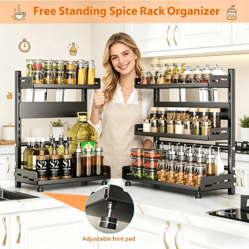 3 Tier Height-Adjustable Vertical Spice Rack Rustproof Metal Kitchen Storage Shelf Decorative Organizer for Countertop Cabinet
3 Tier Height-Adjustable Vertical Spice Rack Rustproof Metal Kitchen Storage Shelf Decorative Organizer for Countertop Cabinet