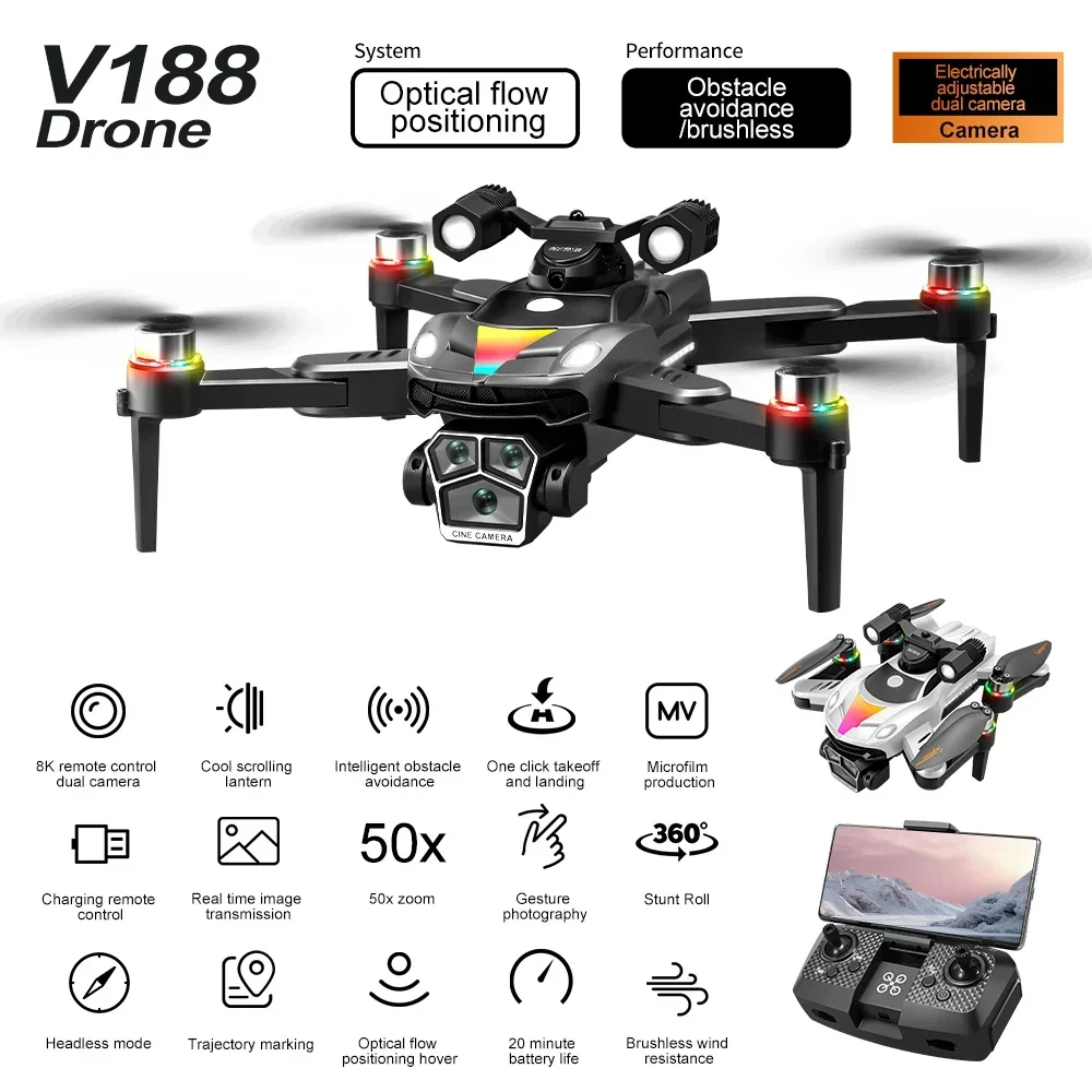 Дрон V188 с двойным объективом, WIFI, профессиональная воздушная камера 6k, RGB градиент, прожектор, поток света, бесщеточный складной дрон
Дрон V188 с двойным объективом, WIFI, профессиональная воздушная камера 6k, RGB градиент, прожектор, поток света, бесщеточный складной дрон