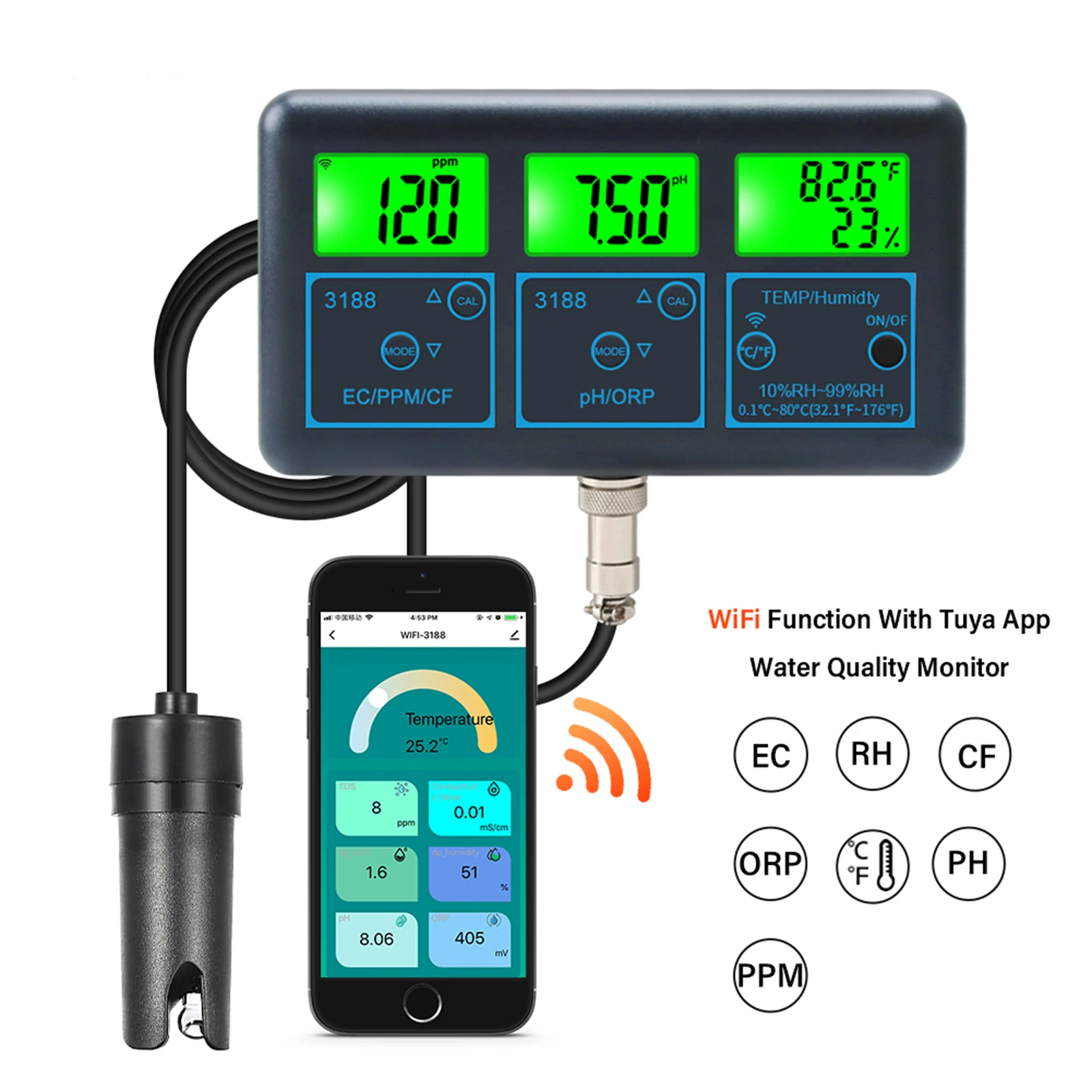 Digital WiFi PH/ORP/TDS/EC/CF/Temperature/Humidity Meter Water Quality Tester 7-in-1 Multifunction Smart Monitor US/EU Plug
Digital WiFi PH/ORP/TDS/EC/CF/Temperature/Humidity Meter Water Quality Tester 7-in-1 Multifunction Smart Monitor US/EU Plug