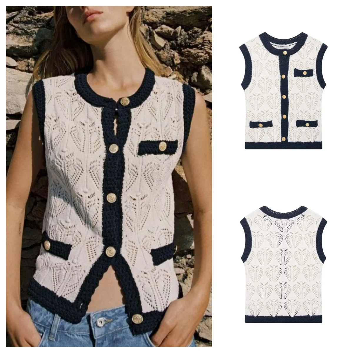 European and American style 2025 new jacquard mesh contrast color fashionable all-match sleeveless knitted top
European and American style 2025 new jacquard mesh contrast color fashionable all-match sleeveless knitted top