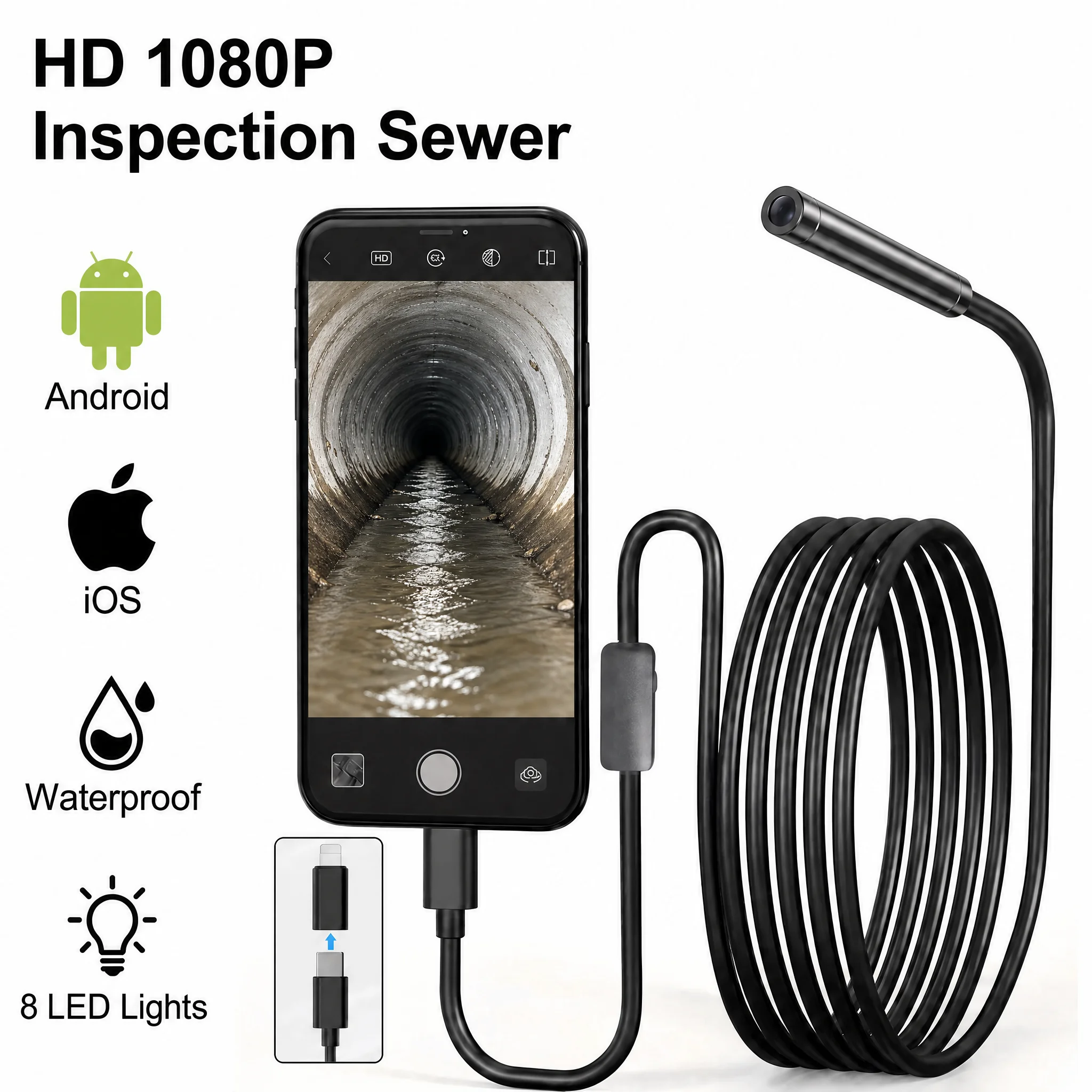 HD 1080P Endoscope Camera for iPhone Android Dual Port Waterproof Borescope Inspection Camera for Car Sewer Pipeline
HD 1080P Endoscope Camera for iPhone Android Dual Port Waterproof Borescope Inspection Camera for Car Sewer Pipeline