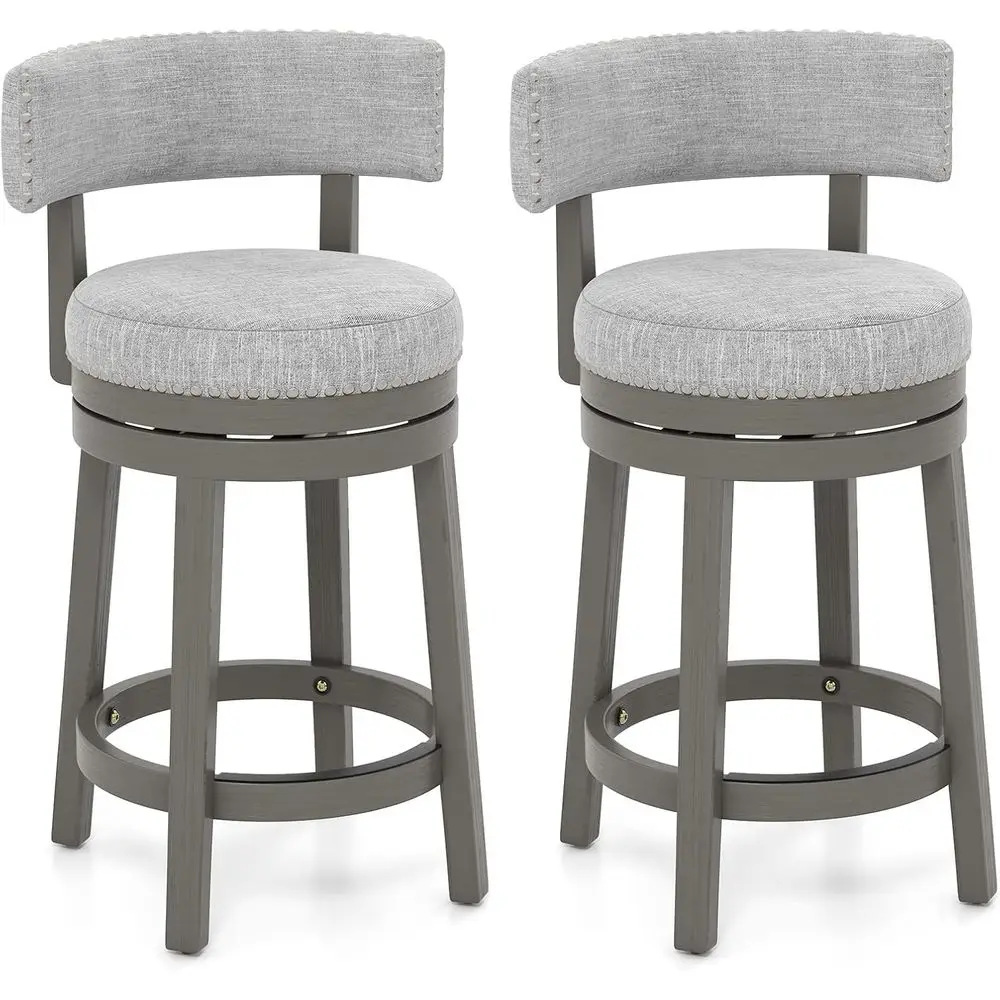 Set of 2 27 Swivel Bar Stools with Upholstered Back and Seat, Rubber Wood Legs, Footrest, Counter Height, Grey
Set of 2 27 Swivel Bar Stools with Upholstered Back and Seat, Rubber Wood Legs, Footrest, Counter Height, Grey