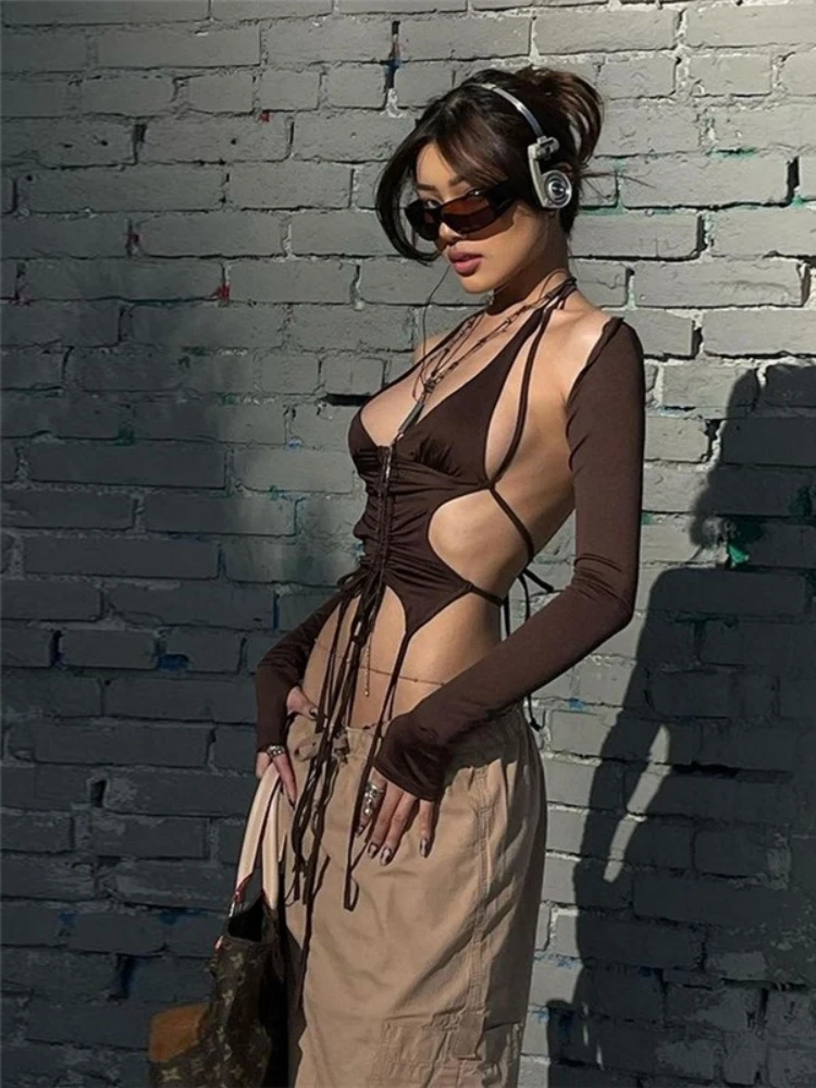 Women's new lace up solid color T-shirt, coarse fabric clothes, long sleeves with exposed navel collar, hanging suspender top
Women's new lace up solid color T-shirt, coarse fabric clothes, long sleeves with exposed navel collar, hanging suspender top