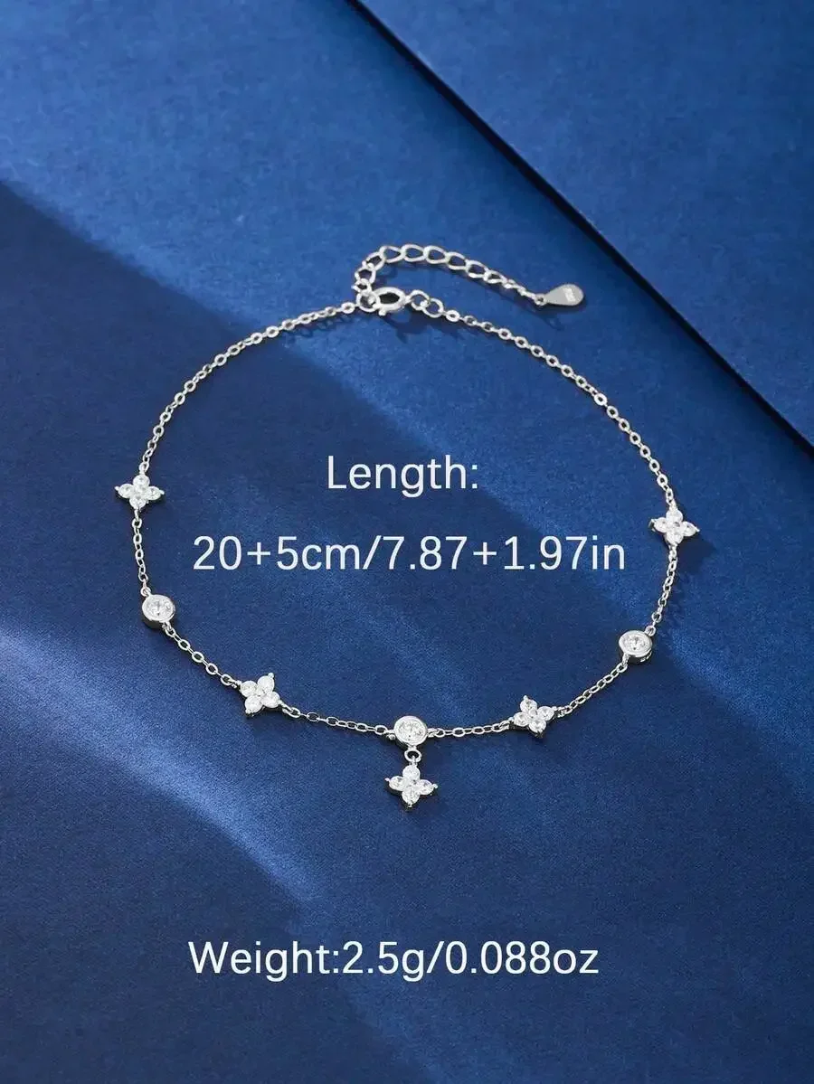 925 Silver Adjustable Anklet With Sparkling Four-Petal Clover CZ Charms, Lightweight Summer Jewelry For Beach And Travel
925 Silver Adjustable Anklet With Sparkling Four-Petal Clover CZ Charms, Lightweight Summer Jewelry For Beach And Travel