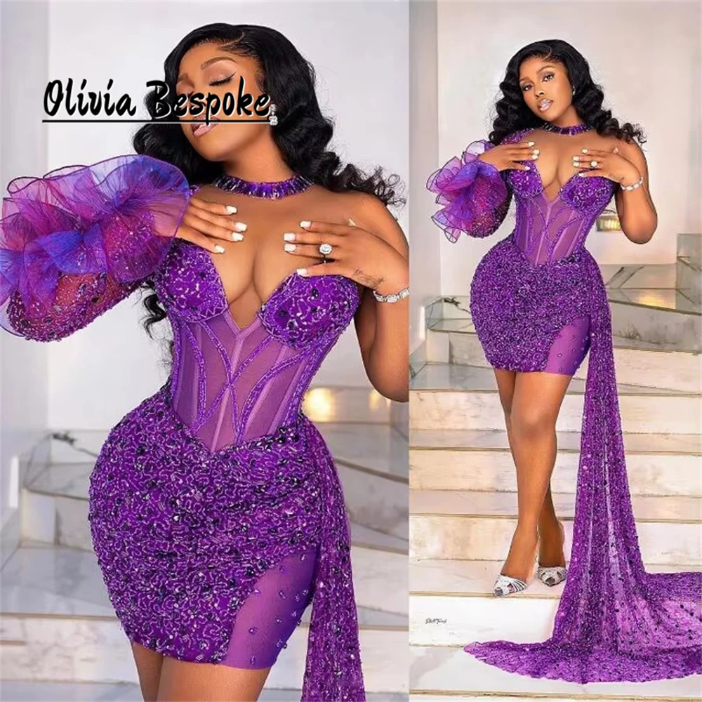 Purple Beaded Aso Ebi Prom Dresses Blackgirls With Train One Shoulder Long Sleeve Senior Party Dress Luxury 2025 Mini Customized
Purple Beaded Aso Ebi Prom Dresses Blackgirls With Train One Shoulder Long Sleeve Senior Party Dress Luxury 2025 Mini Customized