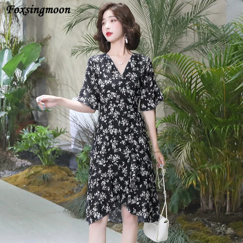 Short Sleeve Dress Women Floral-printed Chiffon Elegant Black Korean Style Leisure Beach Vacation Dress 2022 Women Dress Vestido
Short Sleeve Dress Women Floral-printed Chiffon Elegant Black Korean Style Leisure Beach Vacation Dress 2022 Women Dress Vestido