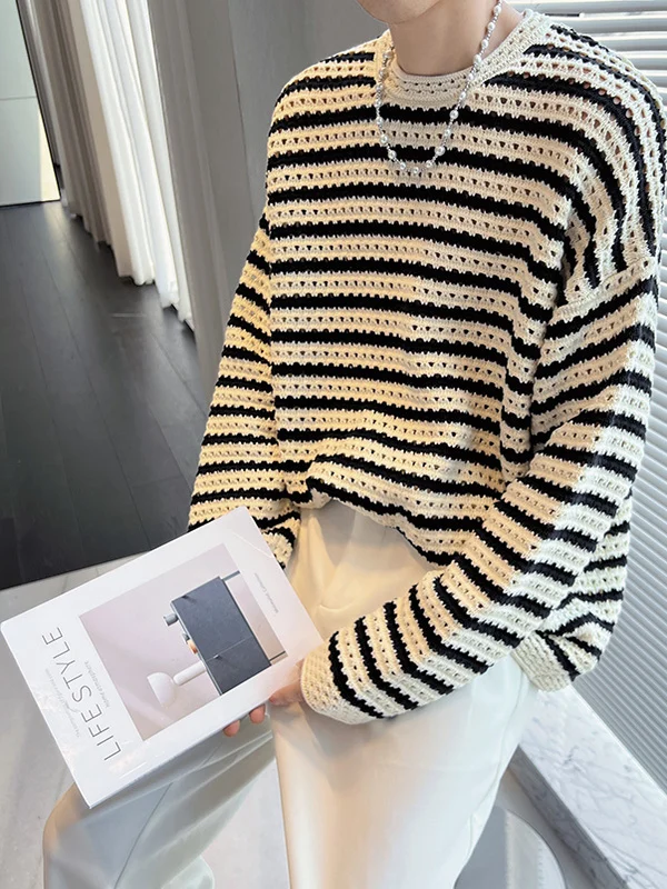 Винтажный черно-белый полосатый вязаный свитер с длинными рукавами, ажурный, повседневный, свободного кроя, весна-осень, мужская мода
Винтажный черно-белый полосатый вязаный свитер с длинными рукавами, ажурный, повседневный, свободного кроя, весна-осень, мужская мода