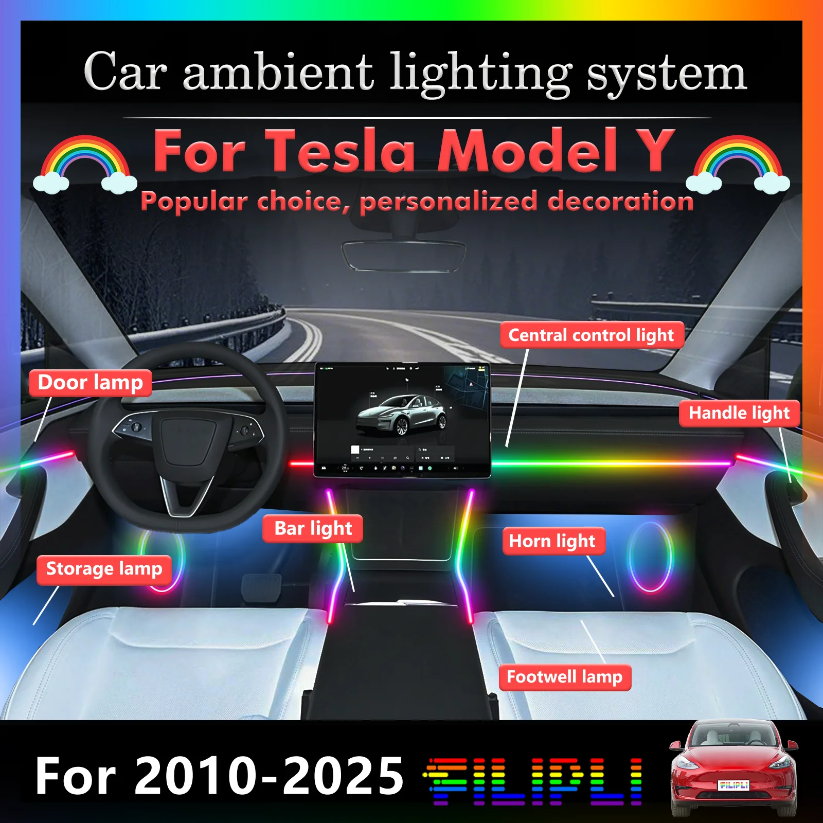 For Tesla Model Y RGB 64 Colors LED Smart Remote Control Car Interior Ambient Light Energy Saving Efficient Lamp Set
For Tesla Model Y RGB 64 Colors LED Smart Remote Control Car Interior Ambient Light Energy Saving Efficient Lamp Set