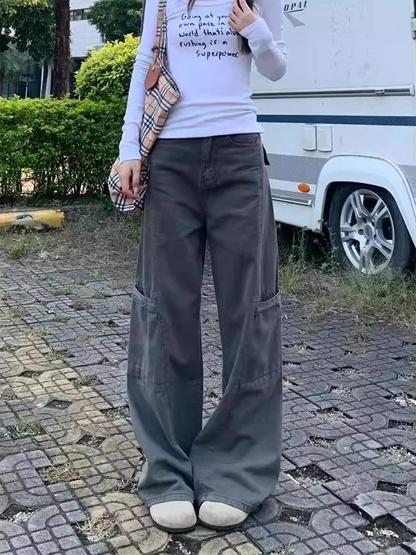 Grey Workwear Denim Pants Women's Small Size Loose Drapey Slimming High Waist Casual Wide Leg Jeans with Big Pockets
Grey Workwear Denim Pants Women's Small Size Loose Drapey Slimming High Waist Casual Wide Leg Jeans with Big Pockets