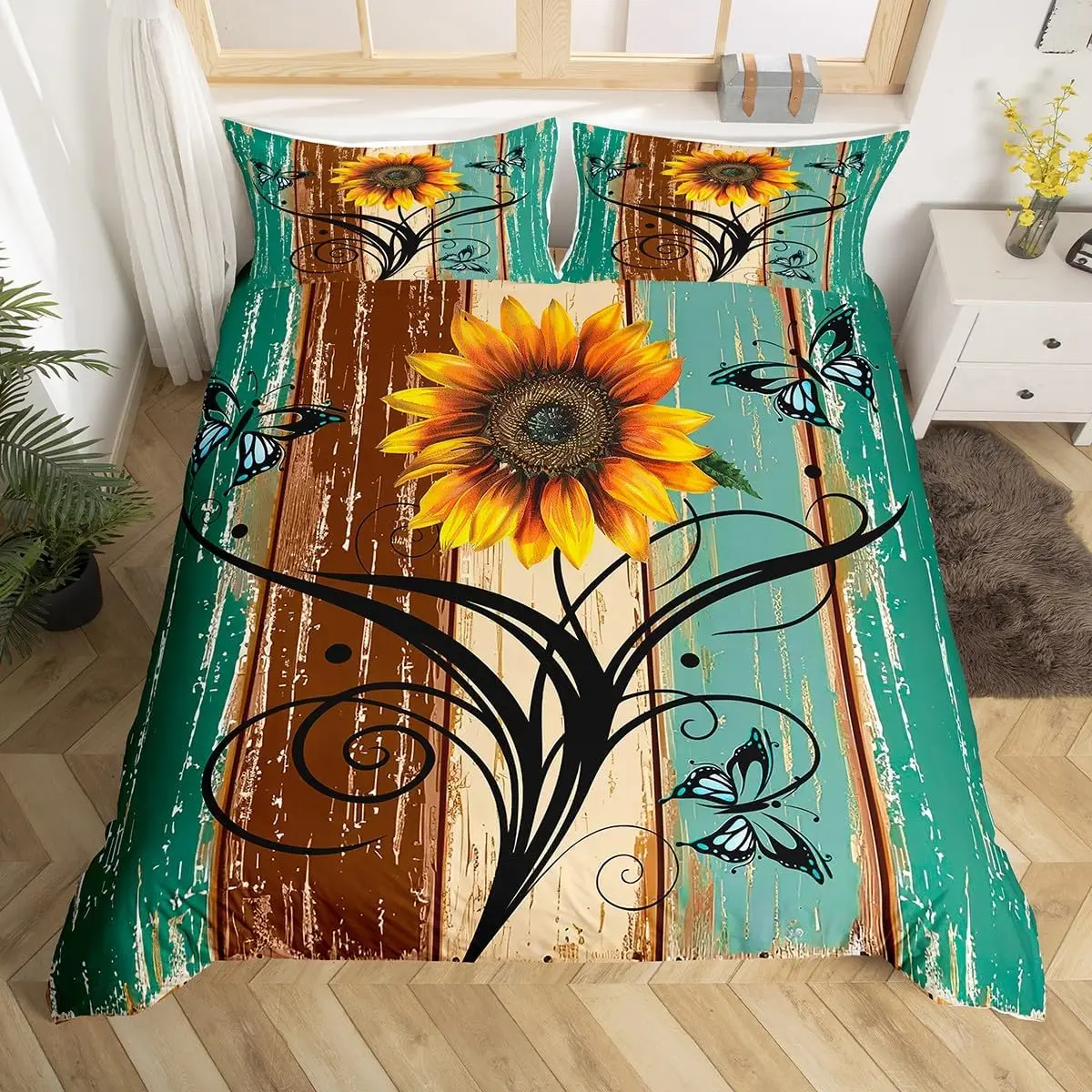 Rustic Farmhouse Bedding Sets Queen Country Butterfly Sunflower Duvet Cover Retro Barn Door Comforter Cover Cabin Lodge Bed Set
Rustic Farmhouse Bedding Sets Queen Country Butterfly Sunflower Duvet Cover Retro Barn Door Comforter Cover Cabin Lodge Bed Set