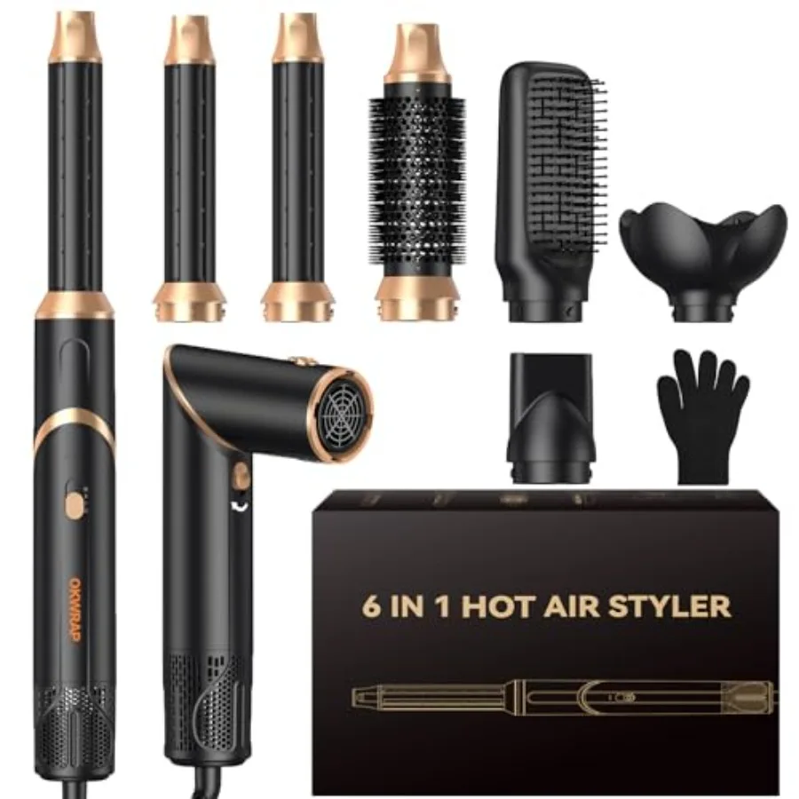 6 in 1 Air Styler Hair Dryer Brush Set for salon-style styling, ceramic-coated, rose gold, negative ionic technology for frizz-
6 in 1 Air Styler Hair Dryer Brush Set for salon-style styling, ceramic-coated, rose gold, negative ionic technology for frizz-