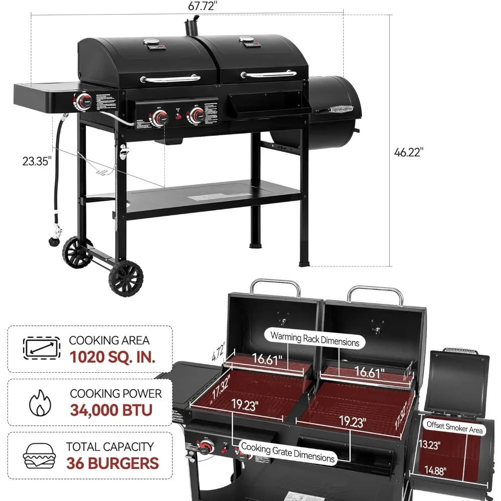 US Shipping 2 Burner Gas Charcoal Grill Combo Offset Smoker Side Burner 34000 BTU Dual Fuel 1020 Sq In Cooking Area Outdoor
US Shipping 2 Burner Gas Charcoal Grill Combo Offset Smoker Side Burner 34000 BTU Dual Fuel 1020 Sq In Cooking Area Outdoor