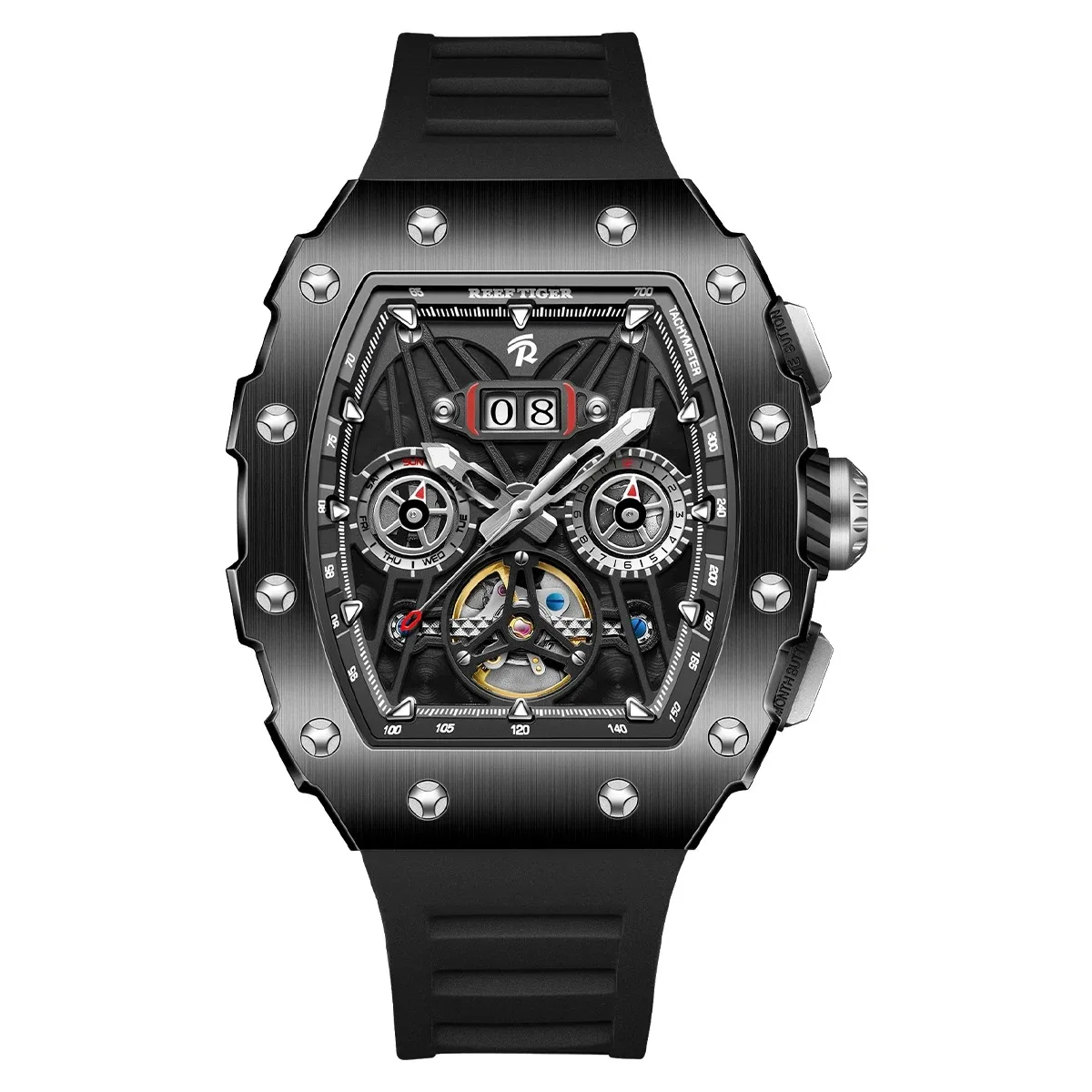 Мужские автоматические часы Reef Tiger, 42,5 мм, механические наручные часы Tonneau, светящиеся, водонепроницаемые, скелетон, с несколькими циферблатами, месяц, неделя, дата
Мужские автоматические часы Reef Tiger, 42,5 мм, механические наручные часы Tonneau, светящиеся, водонепроницаемые, скелетон, с несколькими циферблатами, месяц, неделя, дата