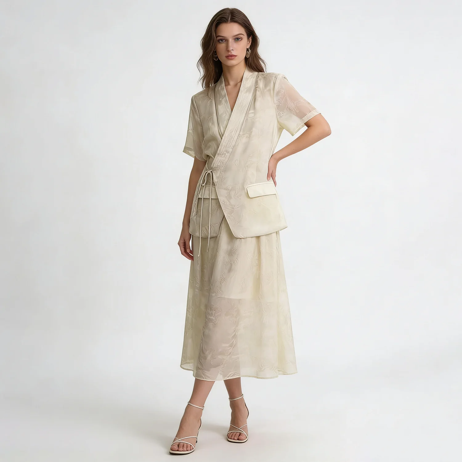 DNBS Chinese Style Jacquard Two-piece Outfit Women's V-neck Cross Lace-up Blouse Maxi Skirt Set
DNBS Chinese Style Jacquard Two-piece Outfit Women's V-neck Cross Lace-up Blouse Maxi Skirt Set