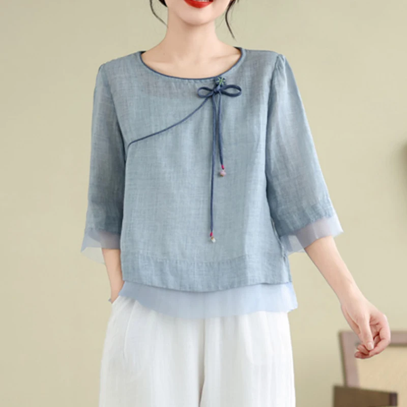 Women's Loose Linen Shirt Thin Cotton Polyester Blend Summer Fashion Retro Style round Neck Seven Sleeve Long Regular Length
Women's Loose Linen Shirt Thin Cotton Polyester Blend Summer Fashion Retro Style round Neck Seven Sleeve Long Regular Length