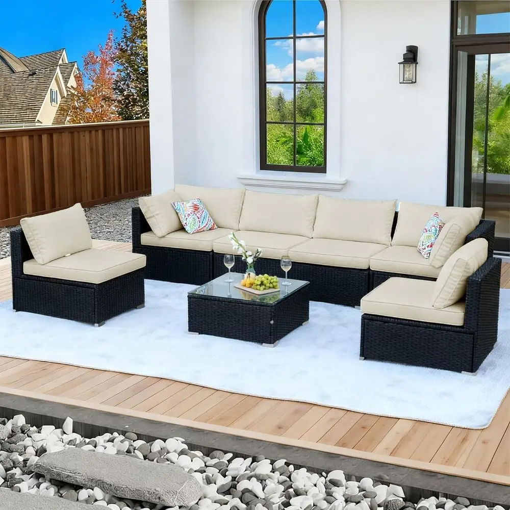 7-Piece Outdoor Sectional Sofa Set with Cushions and Glass Coffee Table for Patio, Garden, Poolside, and Backyard in Black/Beige
7-Piece Outdoor Sectional Sofa Set with Cushions and Glass Coffee Table for Patio, Garden, Poolside, and Backyard in Black/Beige
