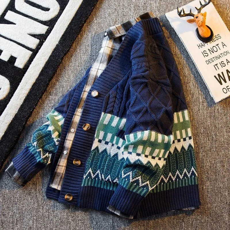 Vintage Argyle Splice Knitted Cardigan Mens Long Sleeved V-neck Sweater Autumn Winter Fashion High Quality Loose Knitwear Tops
Vintage Argyle Splice Knitted Cardigan Mens Long Sleeved V-neck Sweater Autumn Winter Fashion High Quality Loose Knitwear Tops