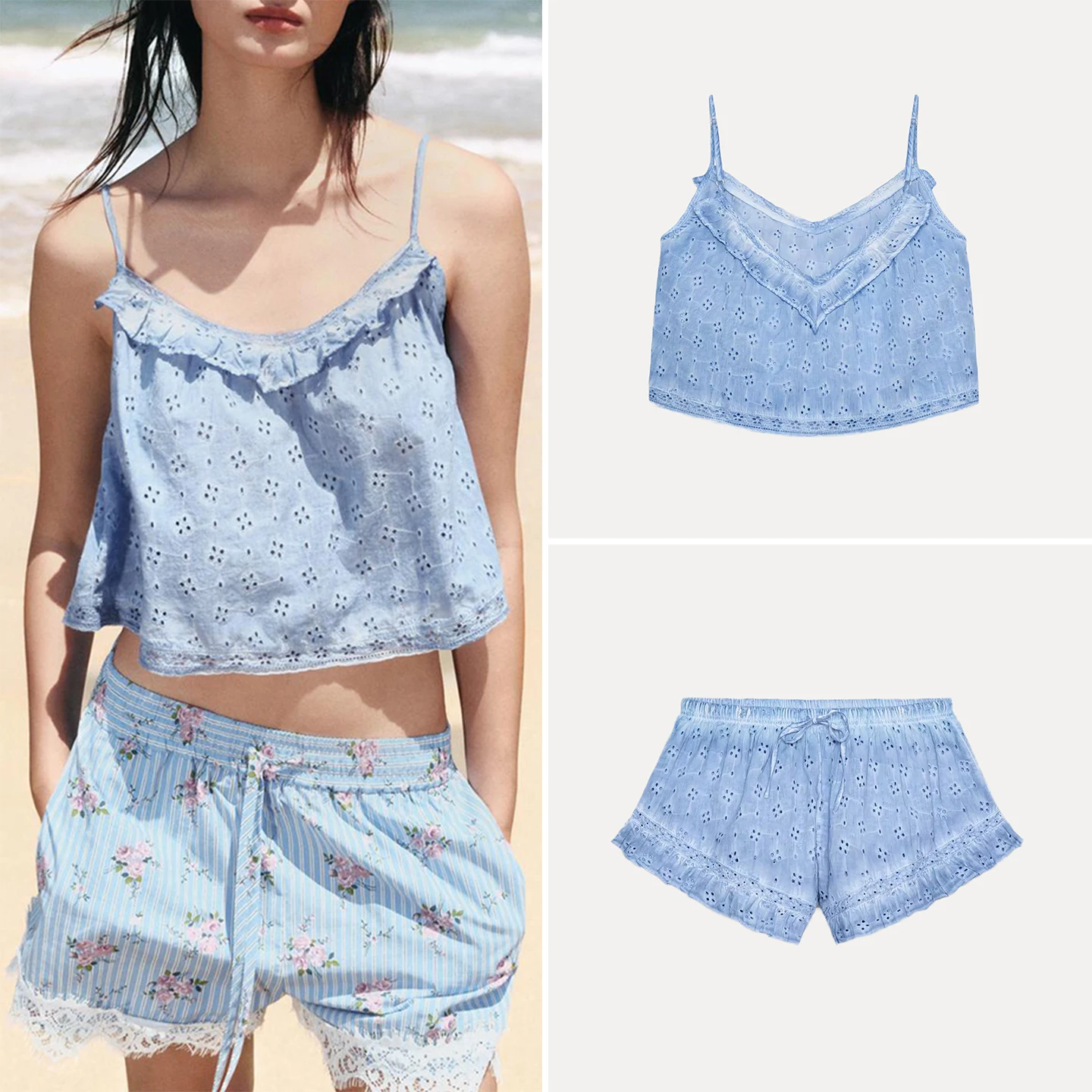 Women's Fashion Summer Outfit V-Neck Washed Hollow Embroidery Strap Top And A-Line Shorts mid Waist Floral Print Casual Set
Women's Fashion Summer Outfit V-Neck Washed Hollow Embroidery Strap Top And A-Line Shorts mid Waist Floral Print Casual Set