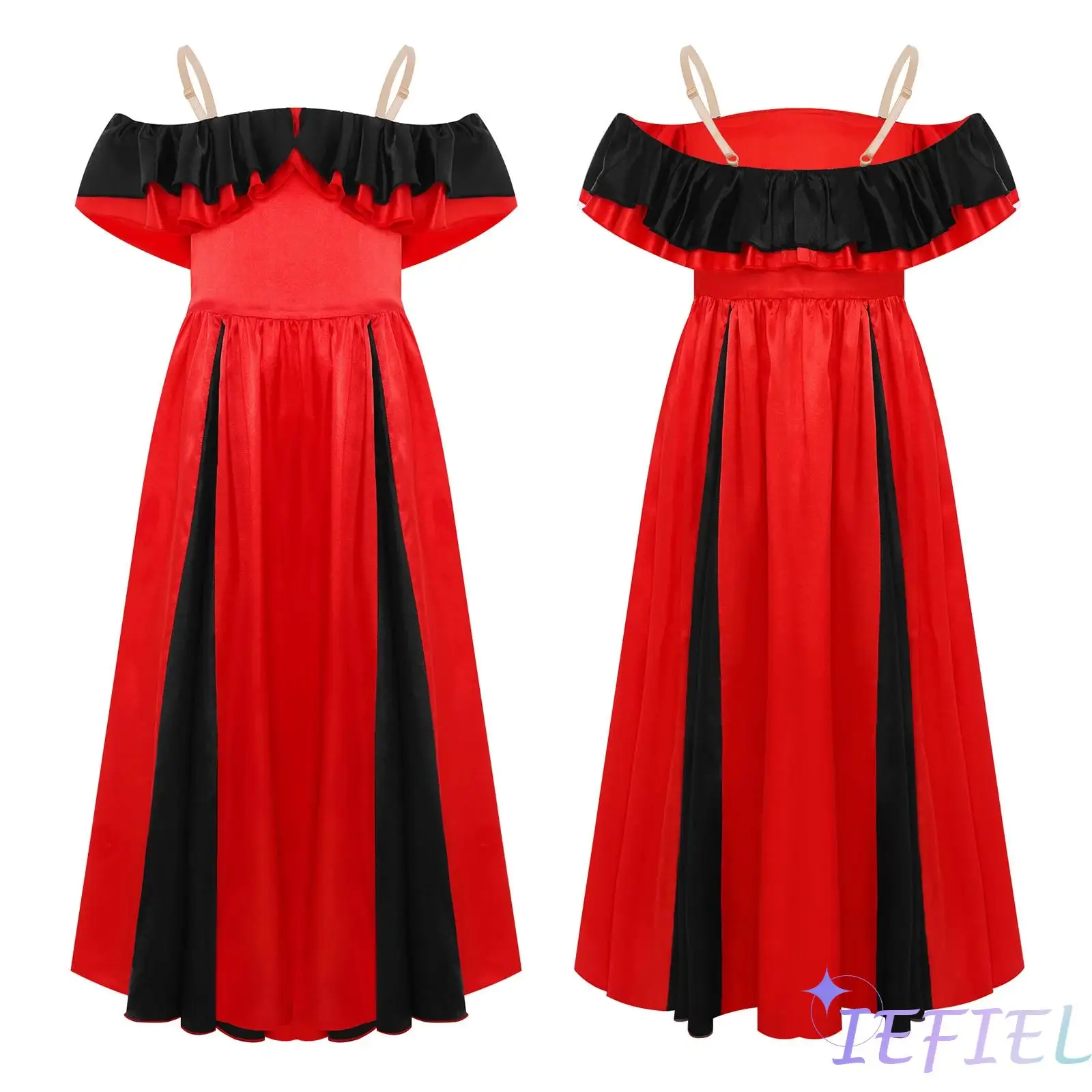 Girls Spainsh Off-Shoulder Dress with Adjustable Shoulder Straps Tiered Ruffle Adorned Color Block Side Zipper Satin Maxi Party
Girls Spainsh Off-Shoulder Dress with Adjustable Shoulder Straps Tiered Ruffle Adorned Color Block Side Zipper Satin Maxi Party