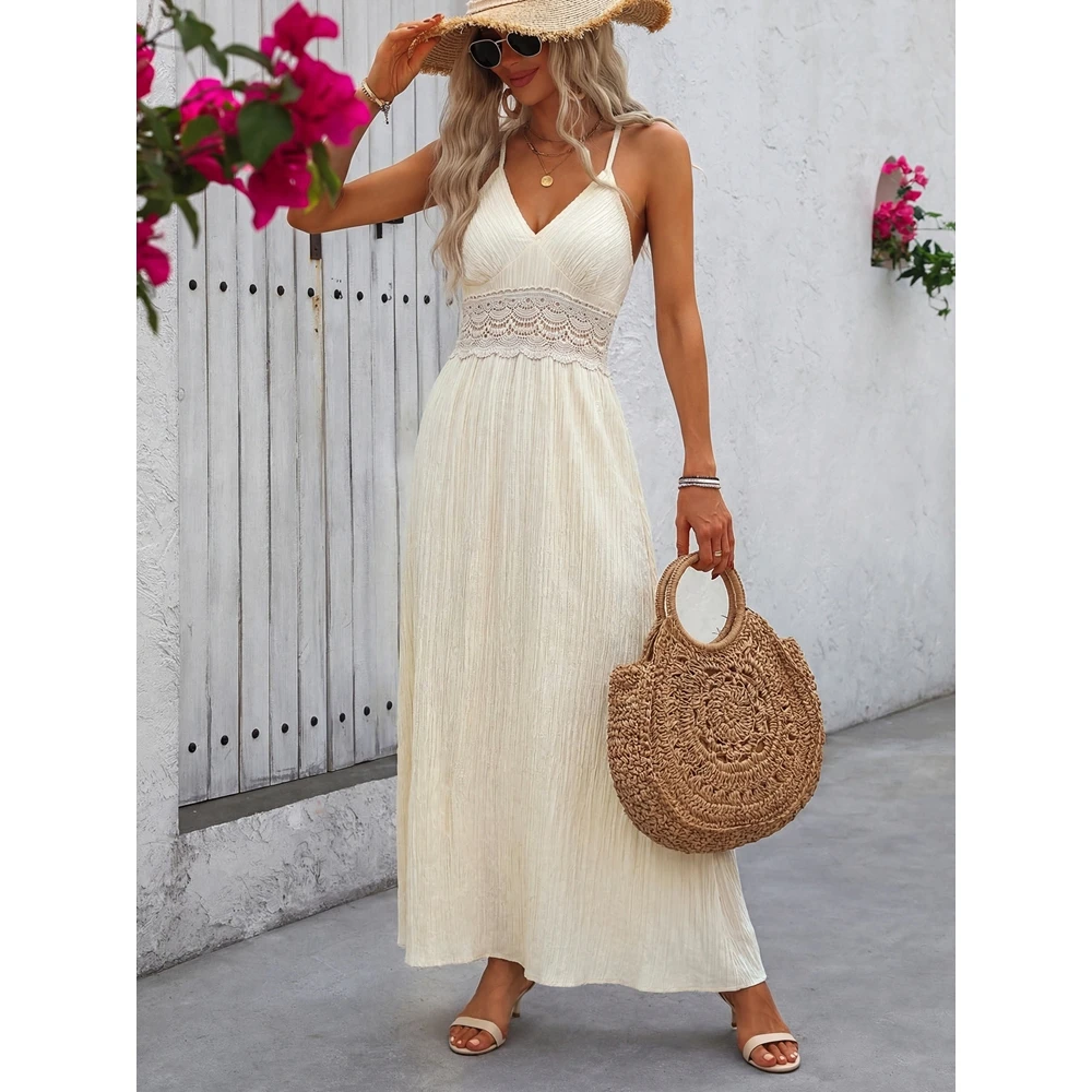 Boho Lace Cutout Back Maxi Dress Women Spaghetti Strap V Neck Tie Back Flowy Long Dress Summer Beach Outfit Vacation Sundress
Boho Lace Cutout Back Maxi Dress Women Spaghetti Strap V Neck Tie Back Flowy Long Dress Summer Beach Outfit Vacation Sundress