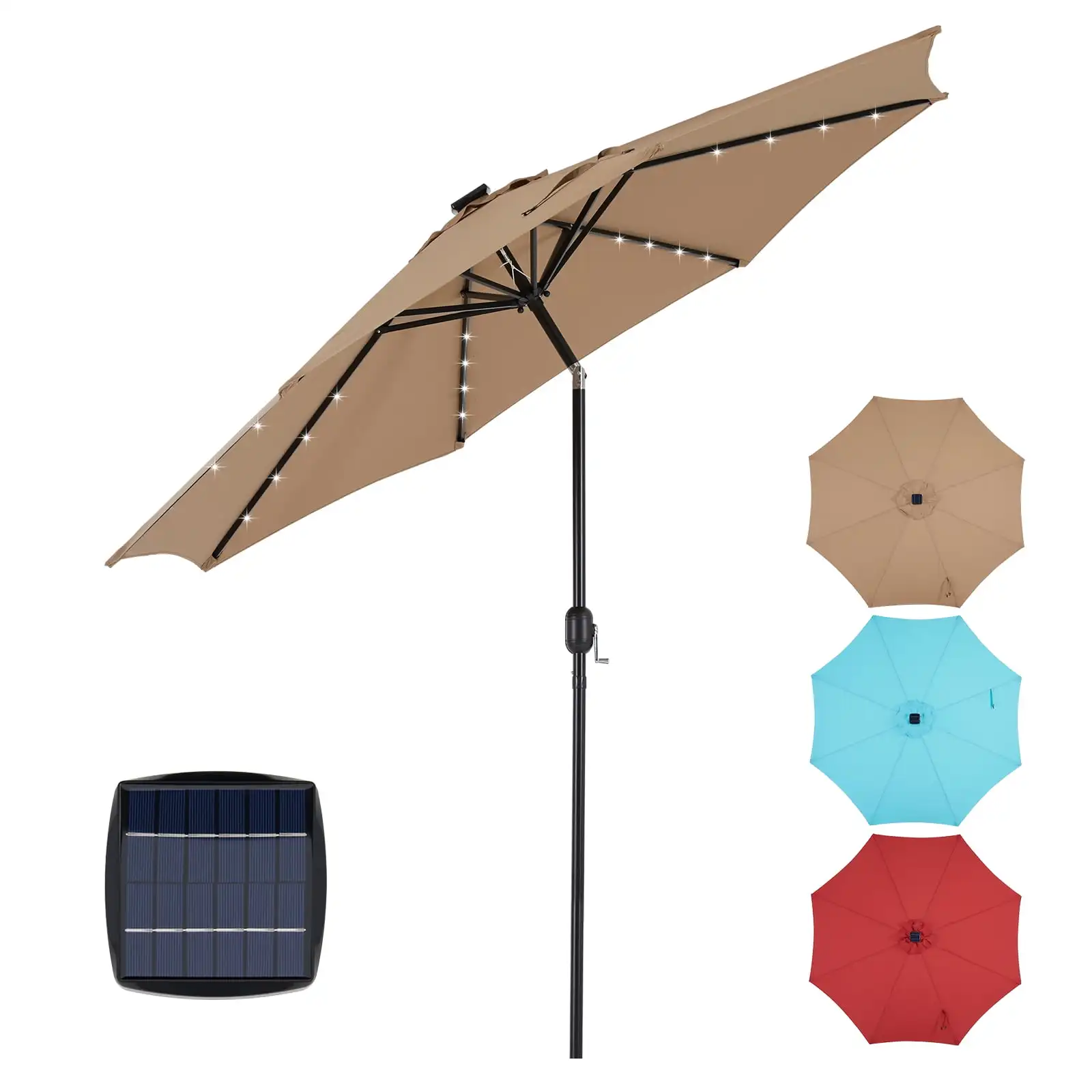 10 ft Outdoor Patio Umbrella with Solar LED Lights, Yard Umbrella with 8 Sturdy Ribs, Push Button Tilt and Crank, Beige
10 ft Outdoor Patio Umbrella with Solar LED Lights, Yard Umbrella with 8 Sturdy Ribs, Push Button Tilt and Crank, Beige