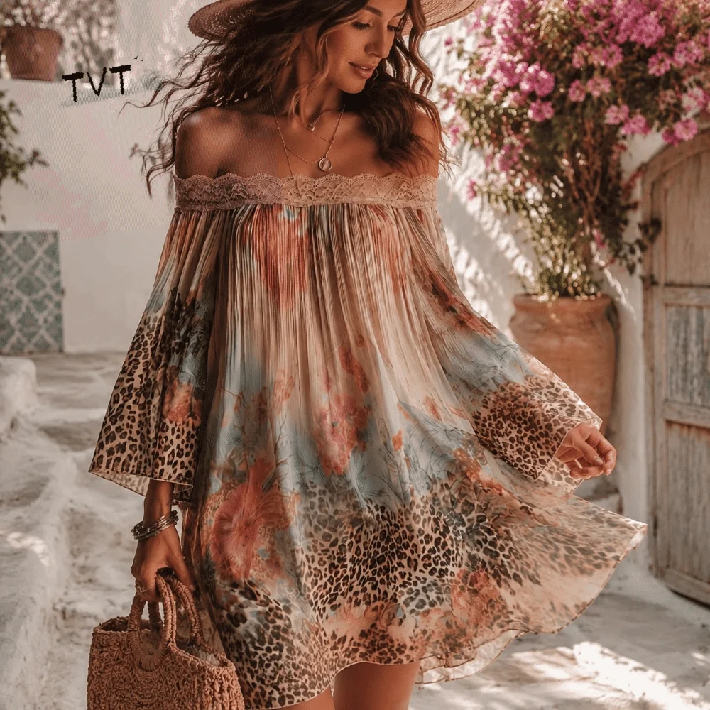 Retro Floral Print Off-Shoulder Dress Loose Lace Trim Summer Skirt Bohemian Leopard A-Line Fold Dress Casual Vacation
Retro Floral Print Off-Shoulder Dress Loose Lace Trim Summer Skirt Bohemian Leopard A-Line Fold Dress Casual Vacation