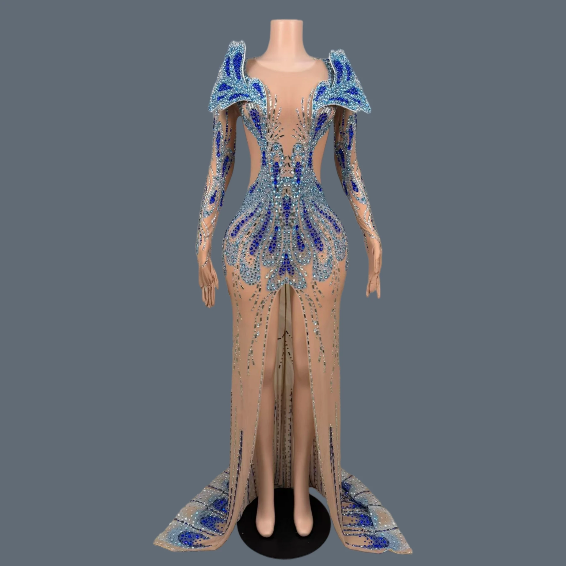 Blue Sparkly Rhinestone Mesh Mermaid Maxi Dress Long Sleeve Shoulder High Slit Sheer Stage Performance Sexy Evening Gown Leihen
Blue Sparkly Rhinestone Mesh Mermaid Maxi Dress Long Sleeve Shoulder High Slit Sheer Stage Performance Sexy Evening Gown Leihen