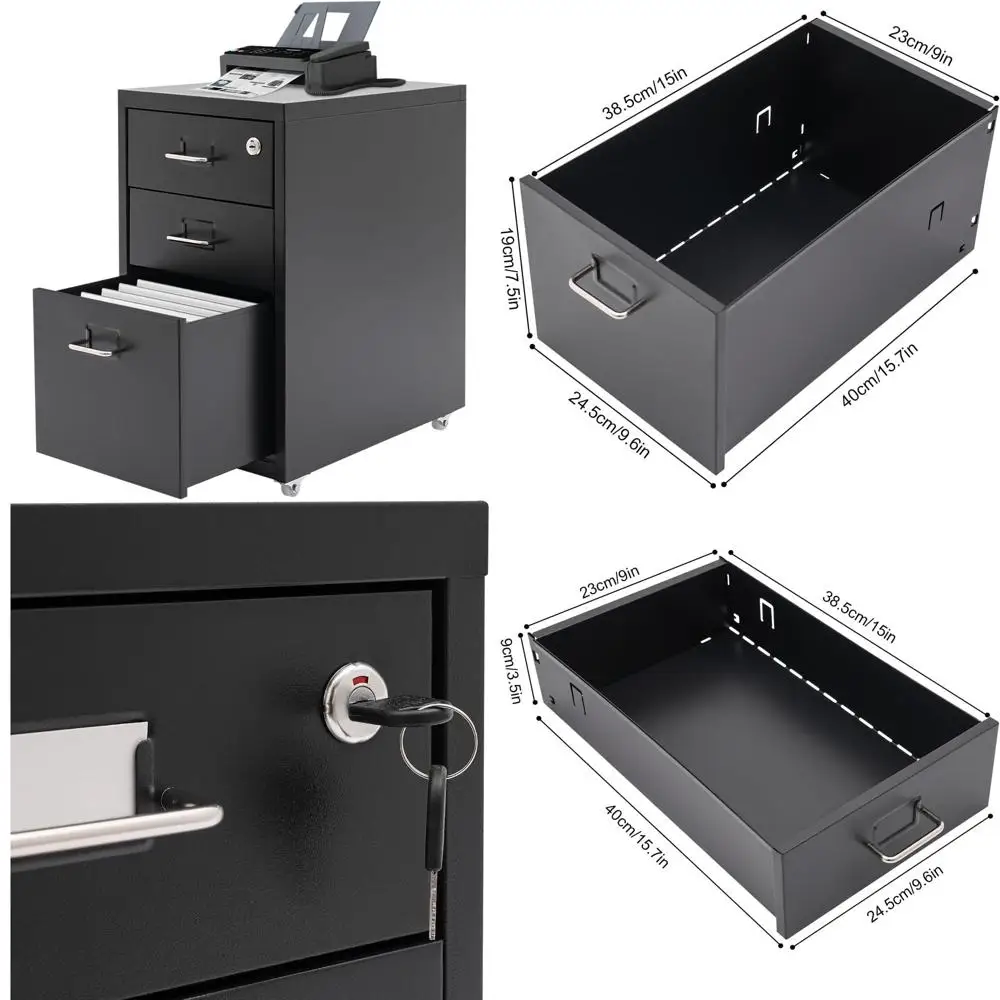 Black Mobile 3-Drawer Steel File Cabinet with Lock, Rolling Vertical Filing for Home Office Desk, 11x16x18.3in
Black Mobile 3-Drawer Steel File Cabinet with Lock, Rolling Vertical Filing for Home Office Desk, 11x16x18.3in