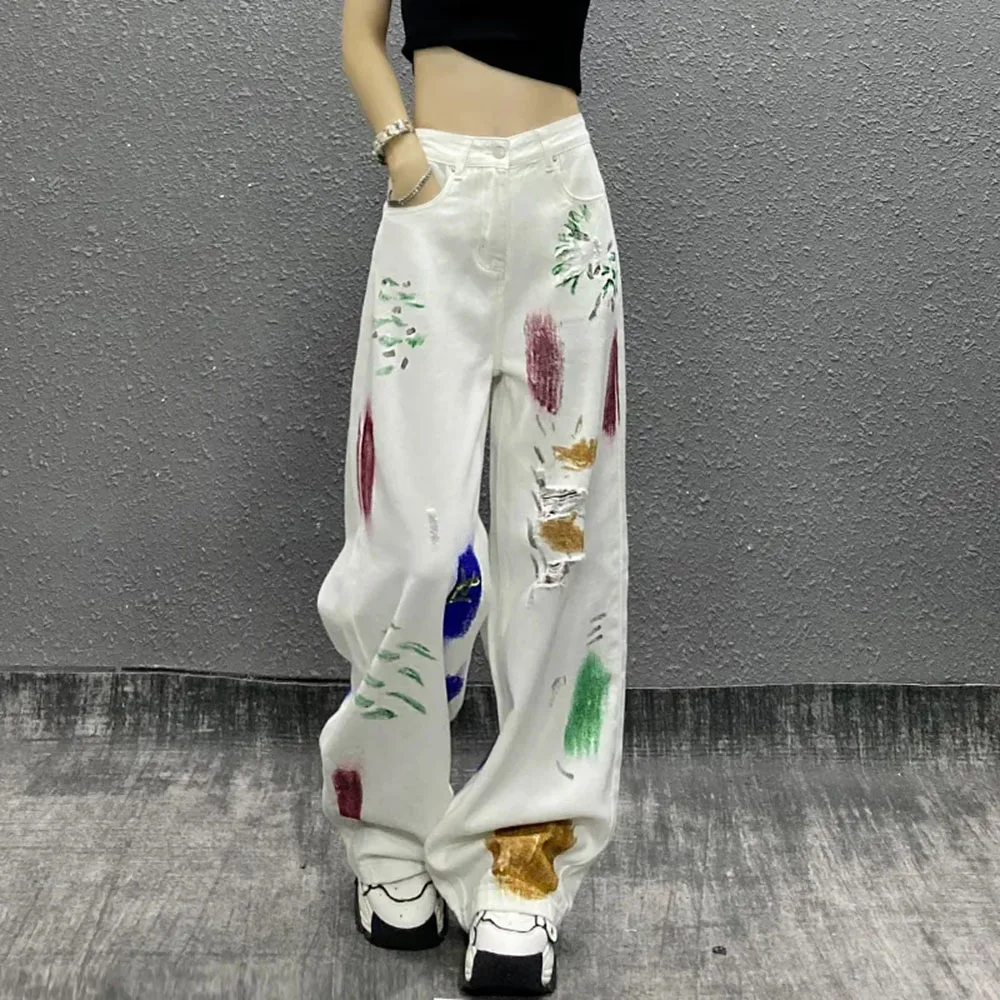 Personalized Painted Holes White Jeans For Women's Summer High Waist Loose Straight Trousers Ladies Casual Wide Leg Denim Pants
Personalized Painted Holes White Jeans For Women's Summer High Waist Loose Straight Trousers Ladies Casual Wide Leg Denim Pants