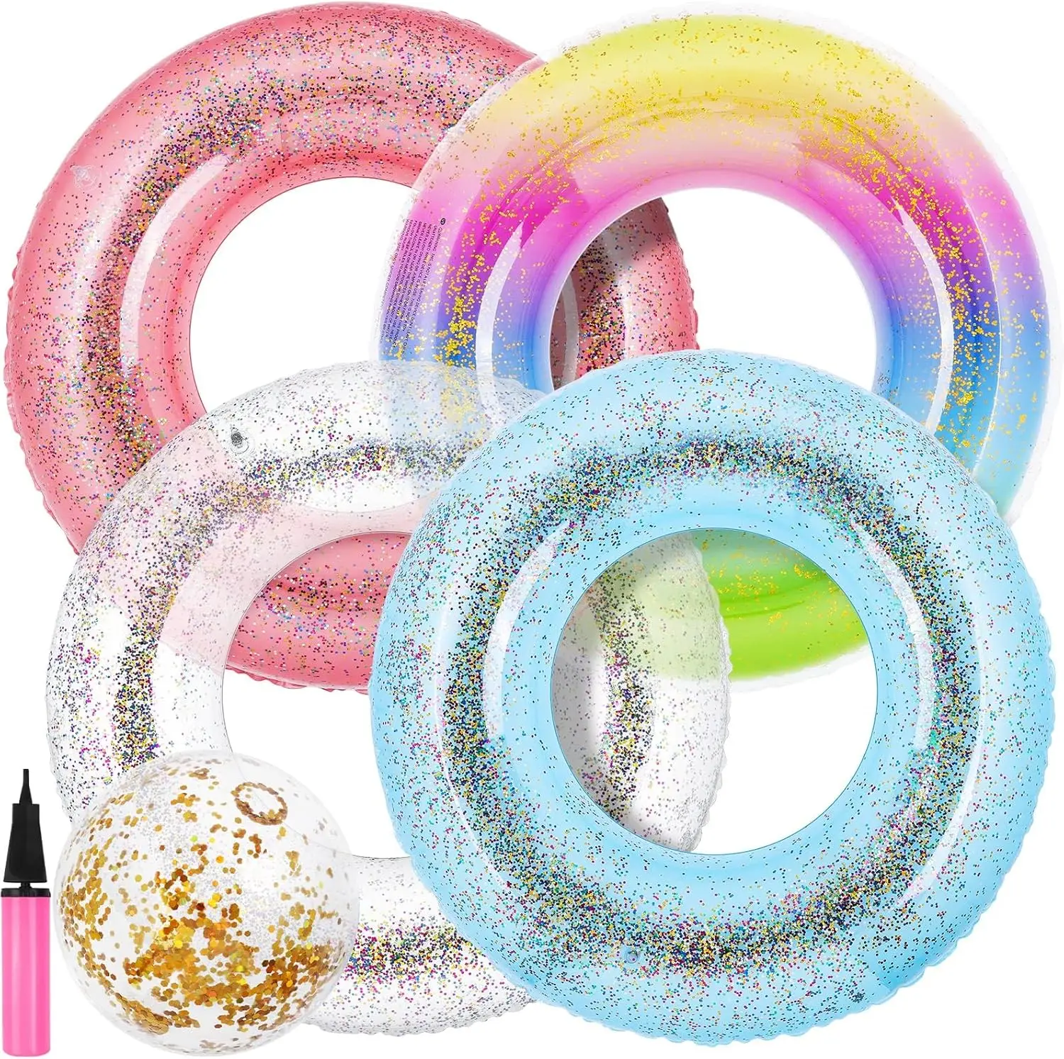 6 Packs Pool Floats Inflatable Pool Floats Colorful Sparkling Glitter Swim Rings with Sequined Beach Ball and Pump for Beach Par
6 Packs Pool Floats Inflatable Pool Floats Colorful Sparkling Glitter Swim Rings with Sequined Beach Ball and Pump for Beach Par