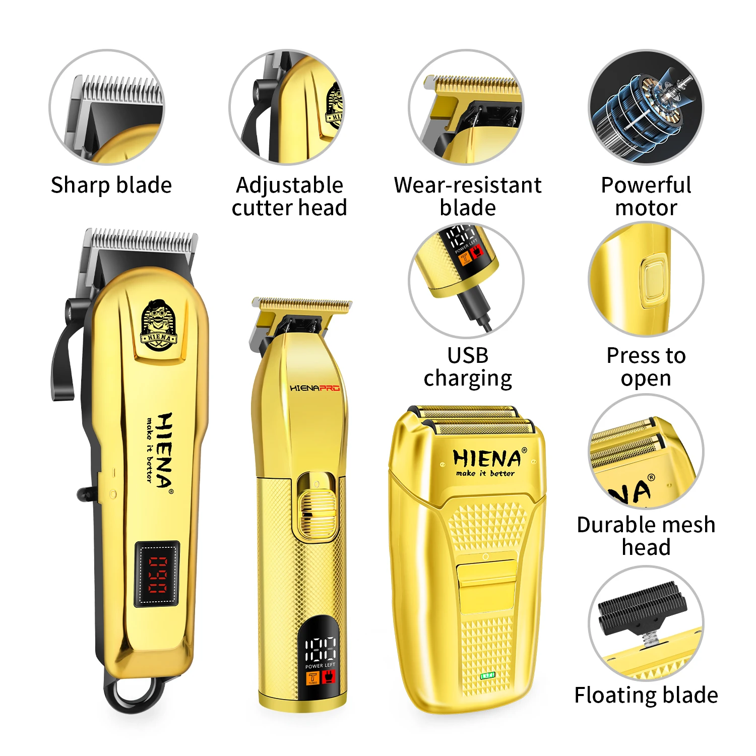 HIENA 3-in-1 Gold Hair Clipper Kit, Cordless LED Display Trimmer & Foil Shaver, USB Rechargeable Barber Grooming Set for Men
HIENA 3-in-1 Gold Hair Clipper Kit, Cordless LED Display Trimmer & Foil Shaver, USB Rechargeable Barber Grooming Set for Men