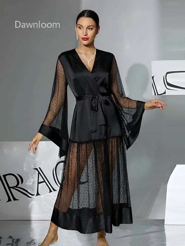 Dawnloom Black Satin Polka Dot Tulle Patchwork Flared-Sleeve Tie-Waist Long Robe for Women Luxury Sexy Elegant Home Loungewear
Dawnloom Black Satin Polka Dot Tulle Patchwork Flared-Sleeve Tie-Waist Long Robe for Women Luxury Sexy Elegant Home Loungewear