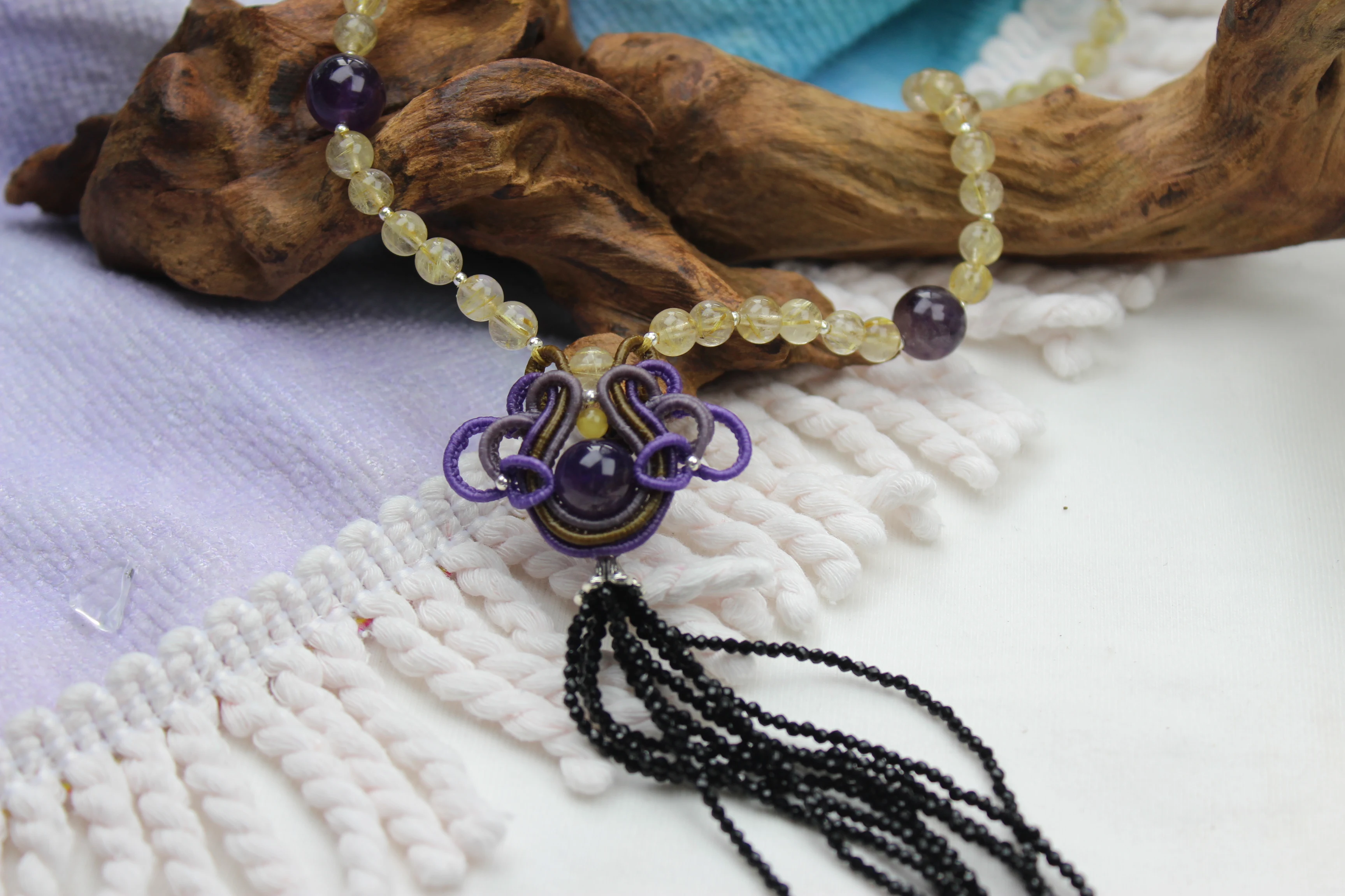 Macrame Handmade Wax Polyster Cord Woven Amethyst Bead Long Necklace with Black Spinel Tassels Exclusive Custom Design Gift Lady
Macrame Handmade Wax Polyster Cord Woven Amethyst Bead Long Necklace with Black Spinel Tassels Exclusive Custom Design Gift Lady