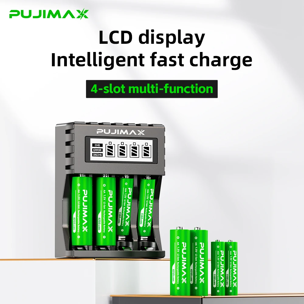 PUJIMAX 1.5V AA Rechargeable Lithium-ion 4255mWh Battery Large Capacity For Cameras Electric Toys With LCD Smart Battery Charger 
PUJIMAX 1.5V AA Rechargeable Lithium-ion 4255mWh Battery Large Capacity For Cameras Electric Toys With LCD Smart Battery Charger