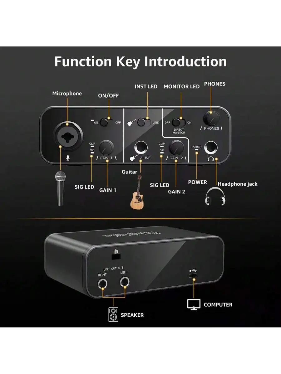 USB Audio Interface With 48V Phantom Power For Microphone Guitar Recording PC Smartphone
USB Audio Interface With 48V Phantom Power For Microphone Guitar Recording PC Smartphone
