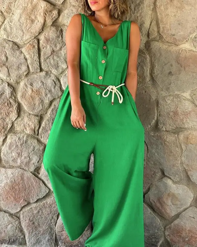 Hot Selling for Women's Jumpsuit 2024 Summer Sleeveless Solid Color Button Front Wide Leg Daily V-Neck with Belt Jumpsuit
Hot Selling for Women's Jumpsuit 2024 Summer Sleeveless Solid Color Button Front Wide Leg Daily V-Neck with Belt Jumpsuit