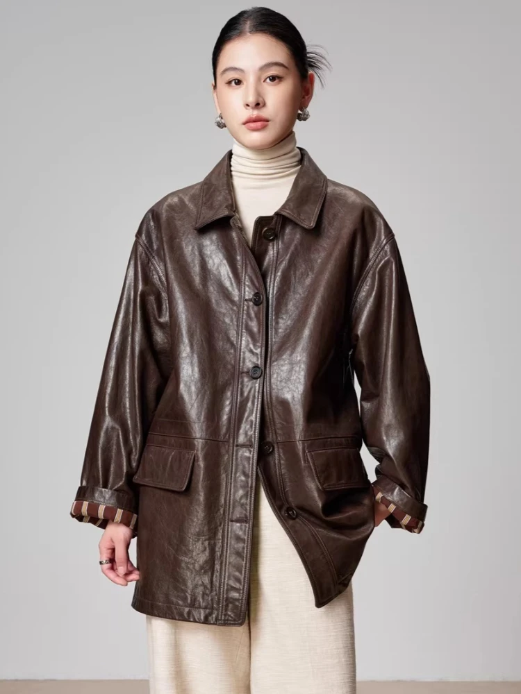 Mid-length Genuine Leather Windbreaker Jackets Women Spring Autumn High-end Simple Loose Soft Oil Wax Real Goatskin Leather Coat
Mid-length Genuine Leather Windbreaker Jackets Women Spring Autumn High-end Simple Loose Soft Oil Wax Real Goatskin Leather Coat