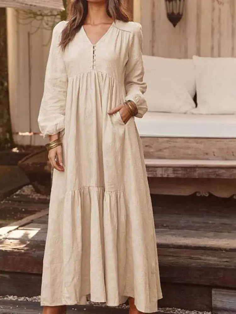 Autumn Cotton Long Dress Women Retro Solid Color Maxi Dress Lantern Sleeve with Pocket Pleated Casual Dresses V Neck Robe Femme
Autumn Cotton Long Dress Women Retro Solid Color Maxi Dress Lantern Sleeve with Pocket Pleated Casual Dresses V Neck Robe Femme