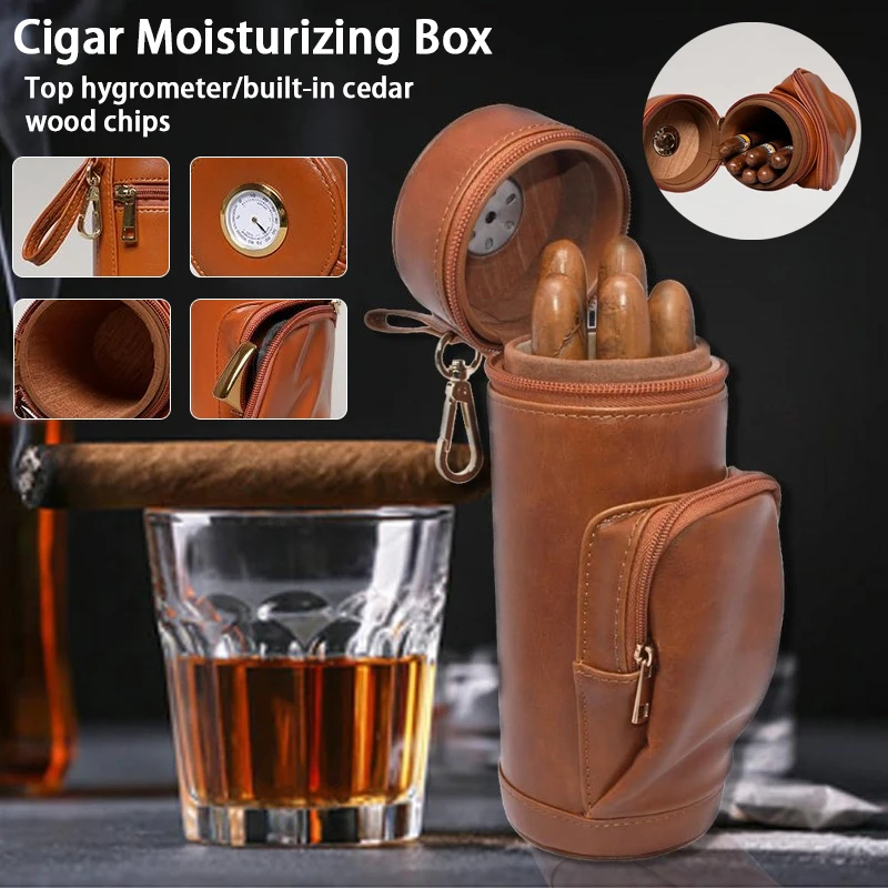Hot selling genuine leather cylindrical portable moisture-proof cigar box long with hygrometer portable men's cigar storage tube
Hot selling genuine leather cylindrical portable moisture-proof cigar box long with hygrometer portable men's cigar storage tube